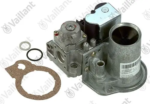 Vaillant Gasarmatur mit mehreren Anschlüssen und Dichtungen, zur Regelung von Gasflüssen in Heizungsanlagen.